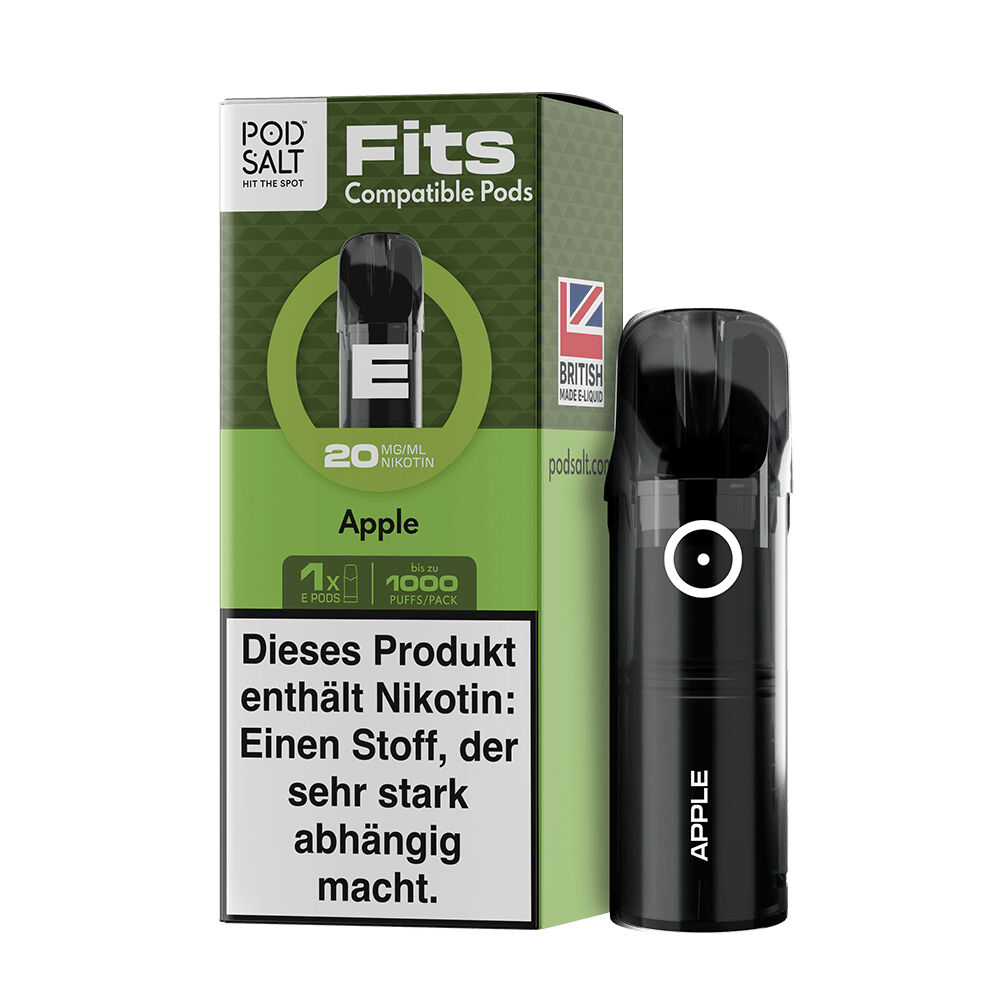Pod Salt Fits Pods - Apple 20mg Pod Salt Fits Pods Apple 20mg Nikotin, grüne Verpackung, britische Flagge, Hinweis auf Nikotinabhängigkeit, schwarze Kartusche mit Apfel-Aufdruck.
