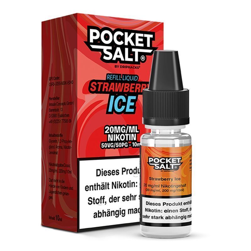 E-Liquid Pocket Salt Strawberry Ice 20mg mit Flasche und Verpackung, Branding und Textwarnung auf der Verpackung sichtbar