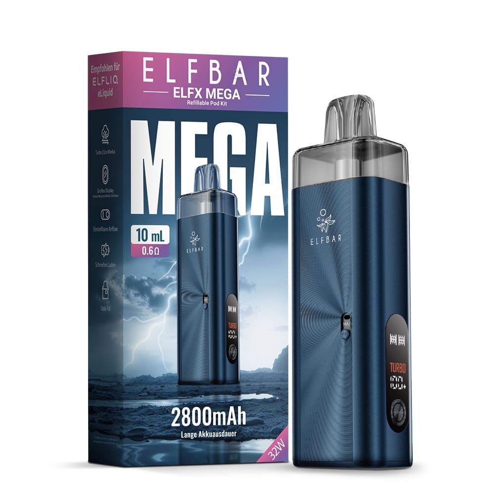 Elfbar Elfx Mega Pod Kit - Navy Elfbar Elfx Mega Pod Kit in Navy mit 10 ml Füllvolumen, 2800mAh Akkukapazität, Anzeige für Modi und Ladezustand, aufgestellte Verpackung im Hintergrund.