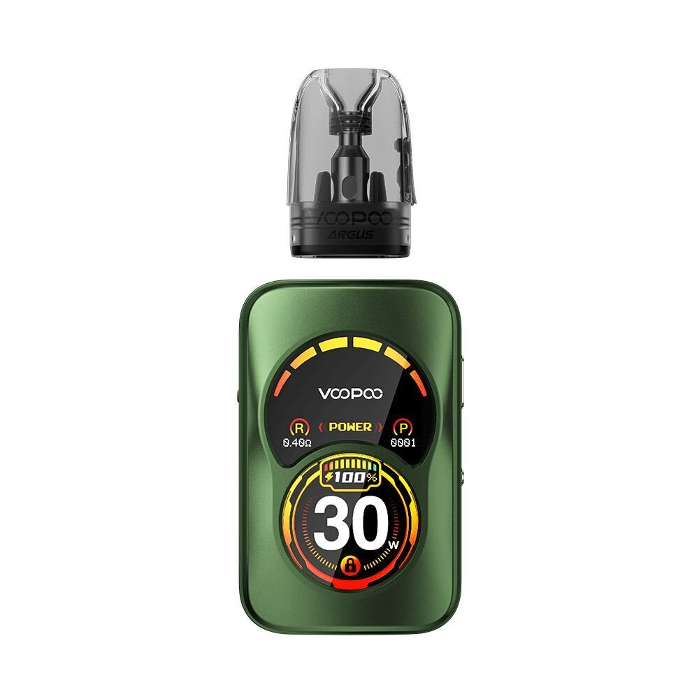 Voopoo Argus A Pod Kit in Racing Green mit einem Display, das 30 Watt anzeigt, sowie Bedienelementen und abnehmbarem Pod oben.