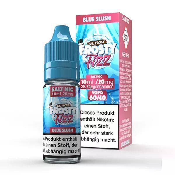 Liquid Blue Slush mit 20mg Nikotin von Dr. Frost Dr. Frost Frosty Fizz Blue Slush Nikotinsalz, 20mg, in einer blauen 10ml Flasche, neben einer passenden Verpackung mit Warnhinweis.