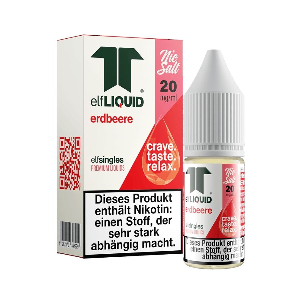 Elf Liquid Nikotinsalz - Erdbeere Elf Liquid Nikotinsalz Erdbeere 20mg/ml Verpackung und Flasche mit Nikotinwarnung und Claim "crave taste relax" sichtbar.