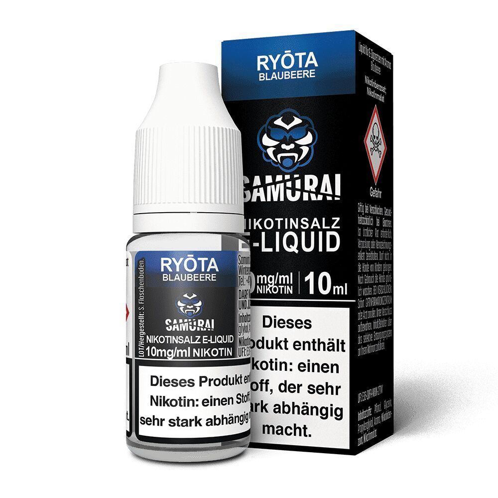 Liquid Ryota Blaubeere 10mg - Samurai Samurai Ryota Blaubeere Nikotinsalz E-Liquid-Flasche und Verpackung, 10 mg/ml Nikotin, Warnhinweis für hohe Abhängigkeit sichtbar.