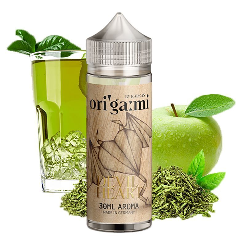 Aroma Origami Devil Heart von Kapkas Kapkas Aroma Origami Devil Heart Flasche mit grünem Drink, saftigem Apfel, Teeblättern und Minzblättern im Hintergrund.