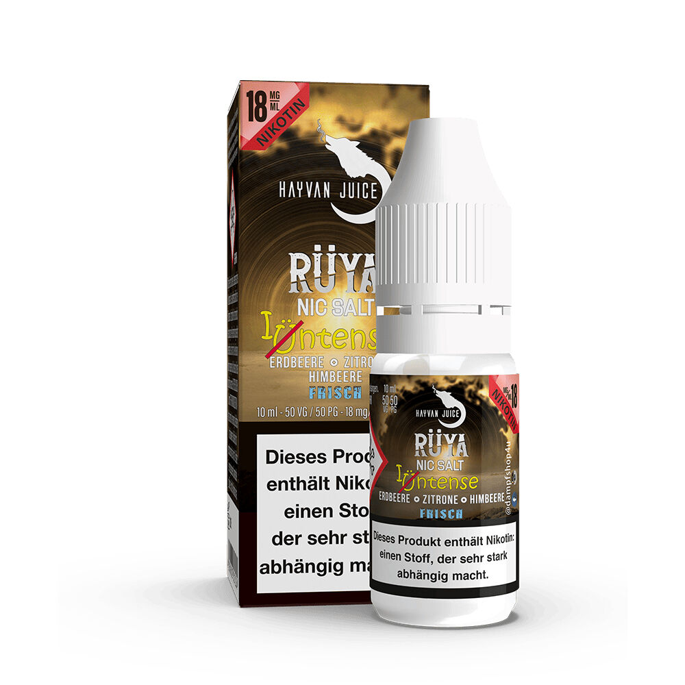Hayvan Juice Nikotinsalz - Rüya 18mg Hayvan Juice Nikotinsalz Rüya 18mg Flasche und Verpackung mit Erdbeere, Zitrone und Himbeere Geschmacksangabe auf einem weißen Hintergrund