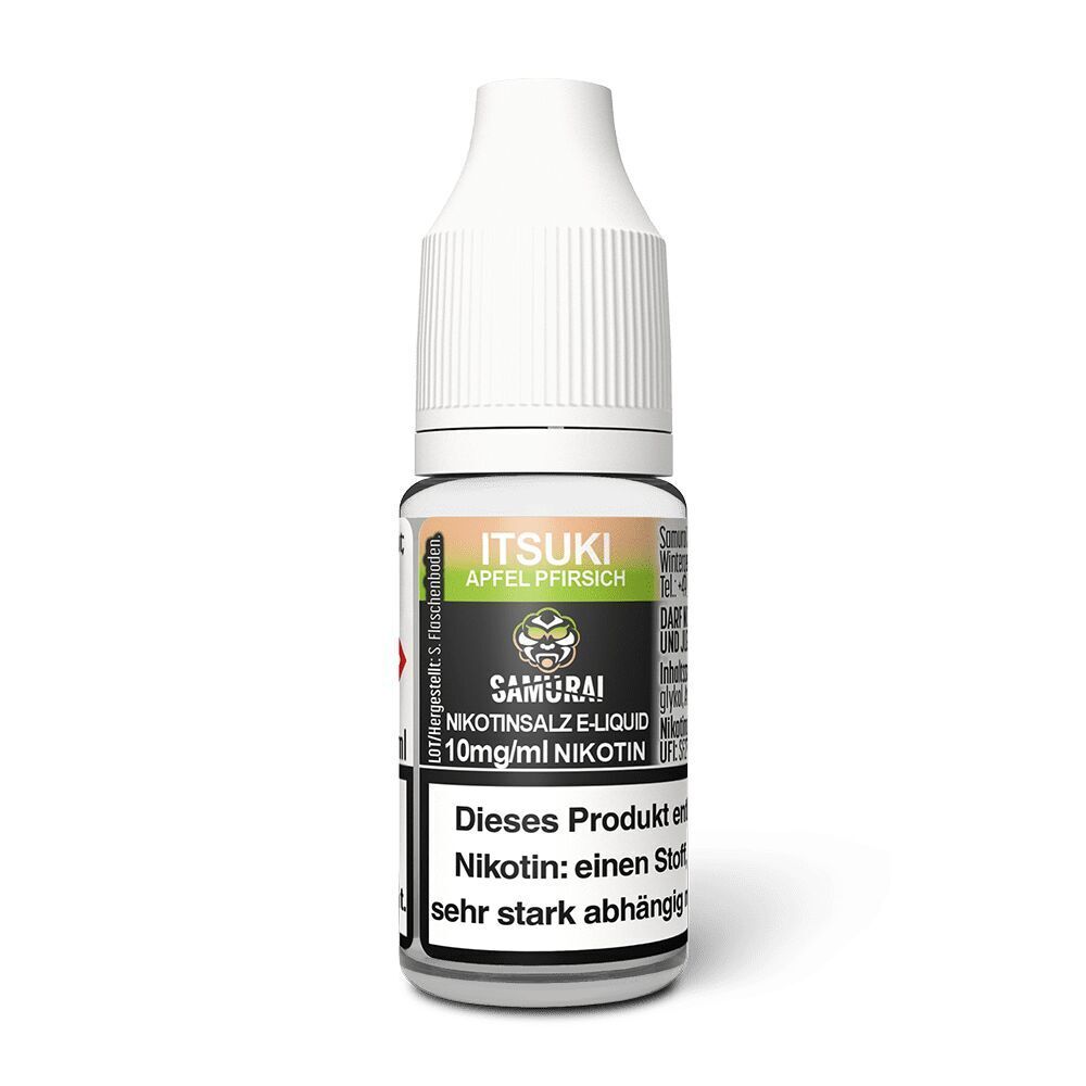 Liquid Itsuki Apfel Pfirsich 10mg - Samurai Samurai Nikotinsalz E-Liquid-Flasche, Itsuki Apfel Pfirsich Geschmacksrichtung, 10mg/ml Nikotin, Warnhinweise auf dem Etikett.