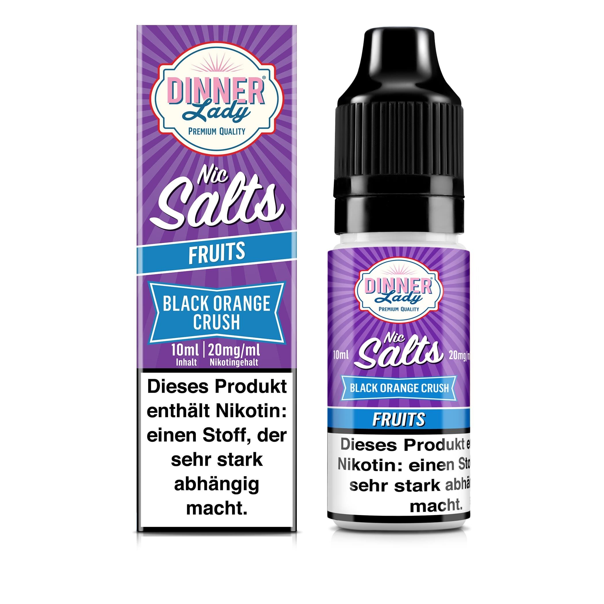 Liquid Black Orange Crush mit 20mg Nikotin von Dinner Lady E-Liquid Dinner Lady Nic Salts Black Orange Crush mit Nikotinhinweis, violette Verpackung und Flasche, 10 ml, 20 mg Nikotin.
