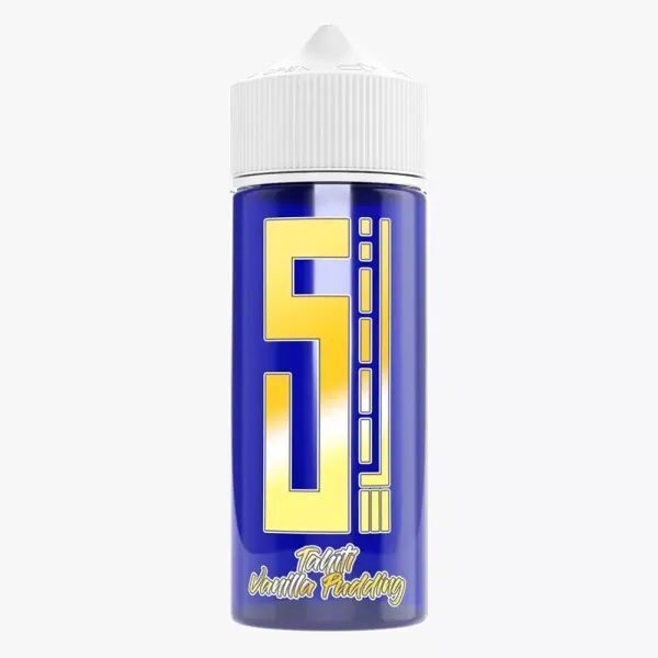 Aroma Tahiti Vanilla Pudding von 5 Elements 5 Elements Aroma Flasche in Blau mit großem gelbem "5" und Text "Tahiti Vanilla Pudding" auf weißem Verschluss.