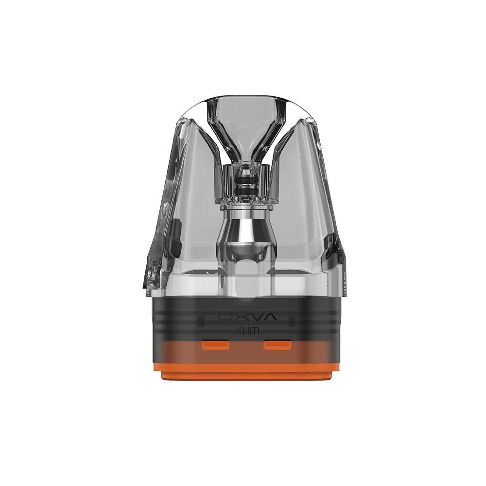 Oxva Xlim DNA Pods mit Coil - 0,8 Ohm Oxva Xlim DNA Pod mit 0,8 Ohm Coil, transparenter Pod mit schwarzem und orangefarbenem Sockel, sichtbare interne Struktur