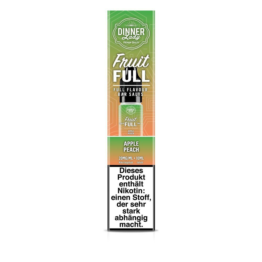 Dinner Lady Fruit Full Nikotinsalz Apple Peach 20mg Verpackung mit grün-orangem Design und Warnhinweis zu Nikotinabhängigkeit.