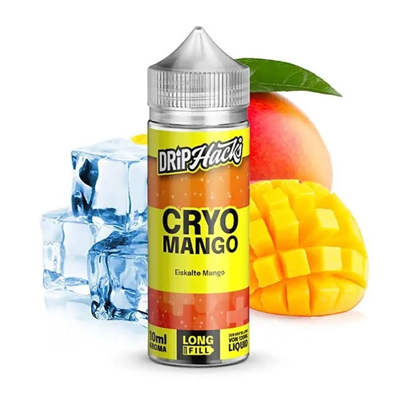 Aroma Cryo Mango von Drip Hacks Flasche Drip Hacks Aroma Cryo Mango vor geschnittener Mango und Eiswürfeln, mit sichtbarem Branding und Schriftzug "Eiskalte Mango"