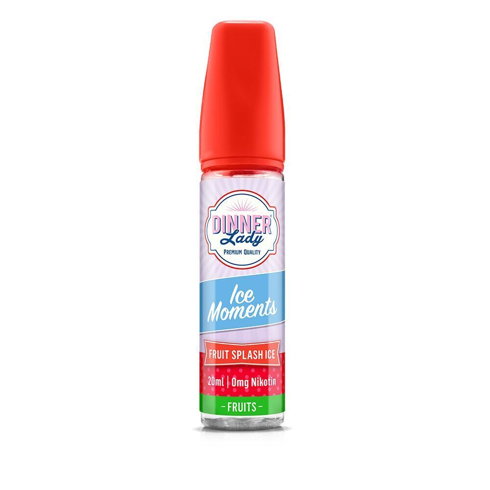 Aroma Fruit Splash ICE von Dinner Lady Dinner Lady Aroma Fruit Splash ICE Flasche mit rotem Deckel, 20ml, 0mg Nikotin, sichtbare Beschriftung „Ice Moments“, -Fruits- Label.