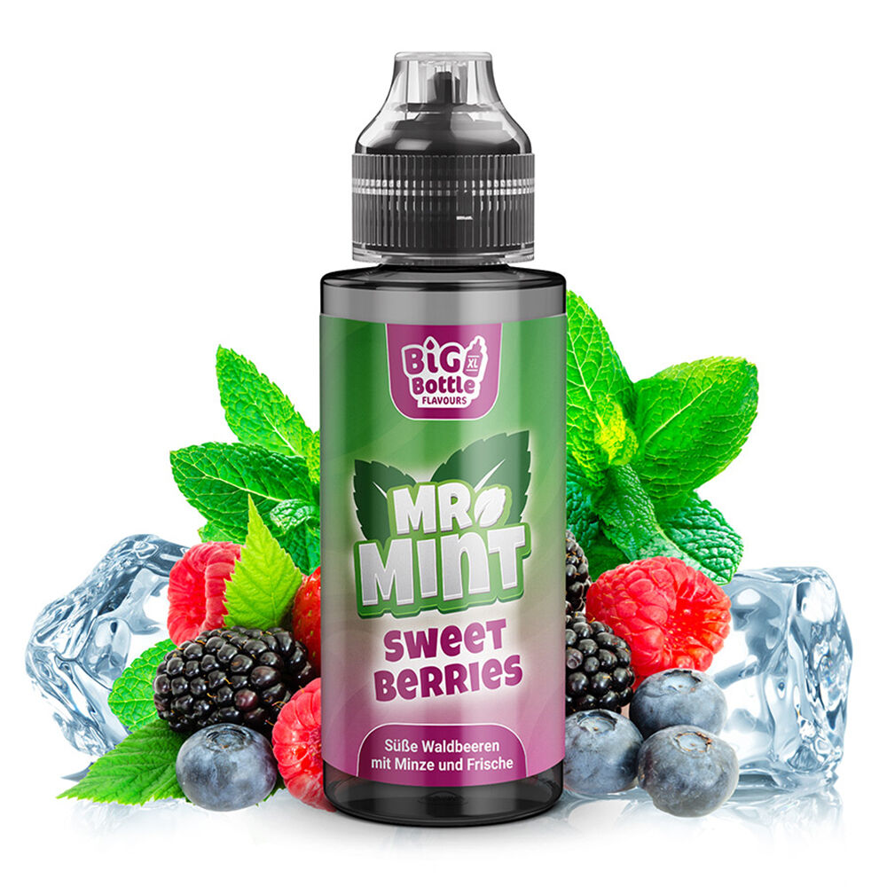 Aroma Sweet Berries von Mr. Mint Big Bottle Flavours Aroma Mr. Mint Sweet Berries Flasche, umgeben von frischen Beeren, Minzblättern und Eiswürfeln