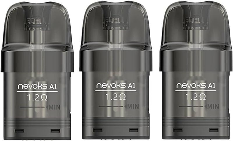 Nevoks Feelin A1 Ersatzpods Drei Nevoks Feelin A1 Ersatzpods mit 1.2Ω Widerstand, transparente Spitze, schwarzer Körper, sichtbare Schrift mit Min-Markierung.
