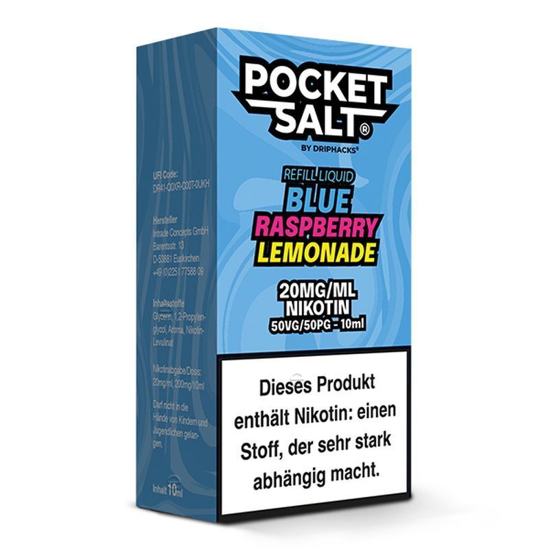 Pocket Salt Nikotinsalz Blue Raspberry Lemonade 20mg Packung, blauer Hintergrund mit Text: Dieses Produkt enthält Nikotin und macht abhängig