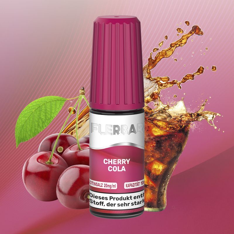 Liquid Cherry Cola von Flerbar Flerbar Nikotinsalz Cherry Cola Flasche vor spritzender Cola und Kirschen, mit auffälligem pinken Verschluss und Beschriftung.