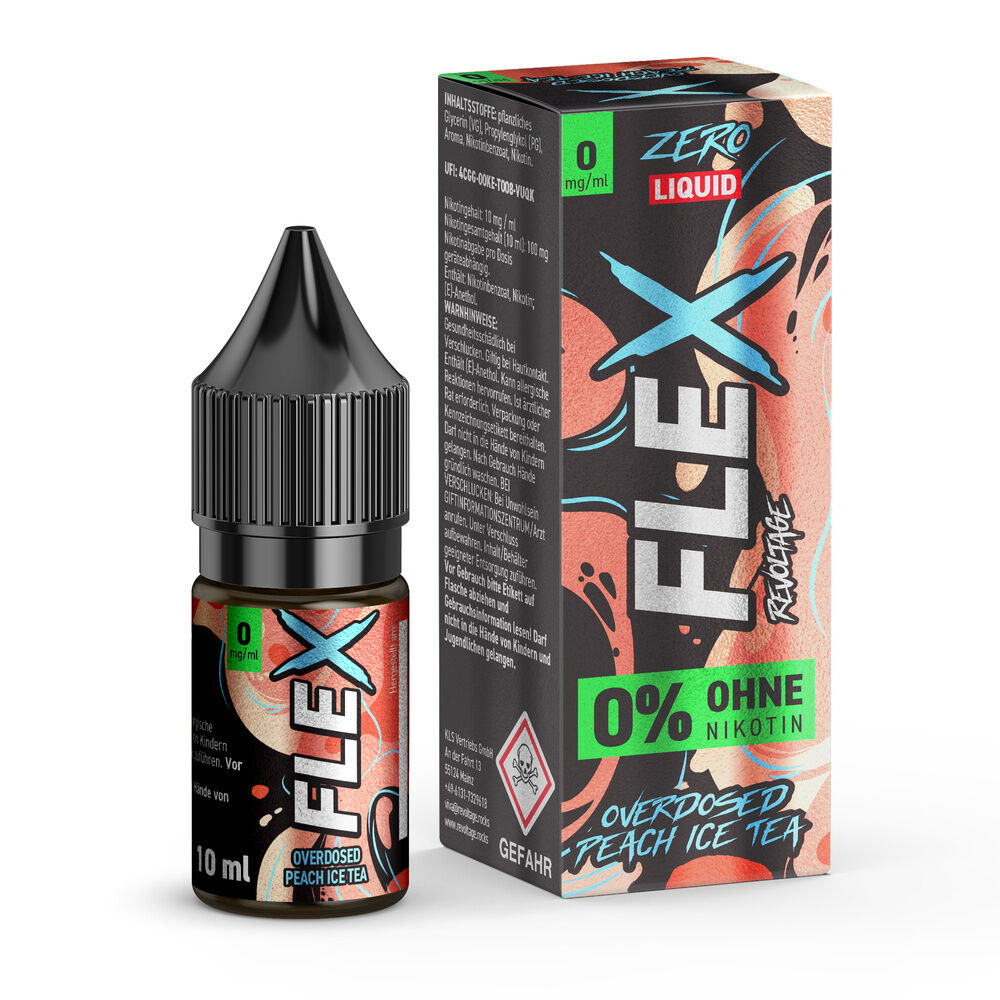 Revoltage Flex Nikotinsalz - Peach Ice Tea Flasche und Verpackung von Revoltage Flex Peach Ice Tea E-Liquid mit 0 mg/ml Nikotin, buntes Design mit Produktinformationen sichtbar.