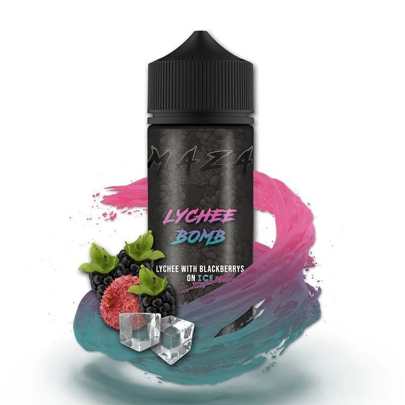 Aroma Lychee Bomb von MaZa Flasche MaZa Aroma Lychee Bomb mit Abbildungen von Lychees, Brombeeren und Eiswürfeln, umgeben von pinkem und blauem Farbwirbel.