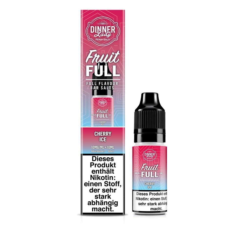 Liquid Cherry Ice von Dinner Lady Fruit Full Dinner Lady Fruit Full Nikotinsalz Cherry Ice 10ml-Flasche und Verpackung mit Hinweis auf Nikotinabhängigkeit