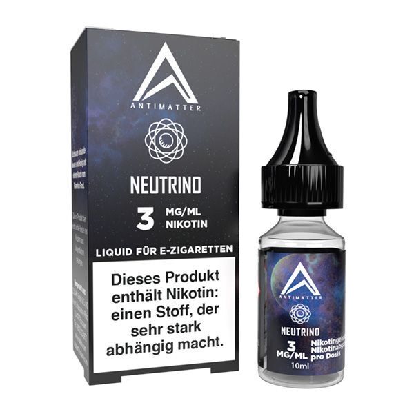 Flasche und Verpackung von Antimatter Liquid Neutrino, 3 mg/ml Nikotin, Hinweistext: Produkt enthält Nikotin, stark abhängig machend