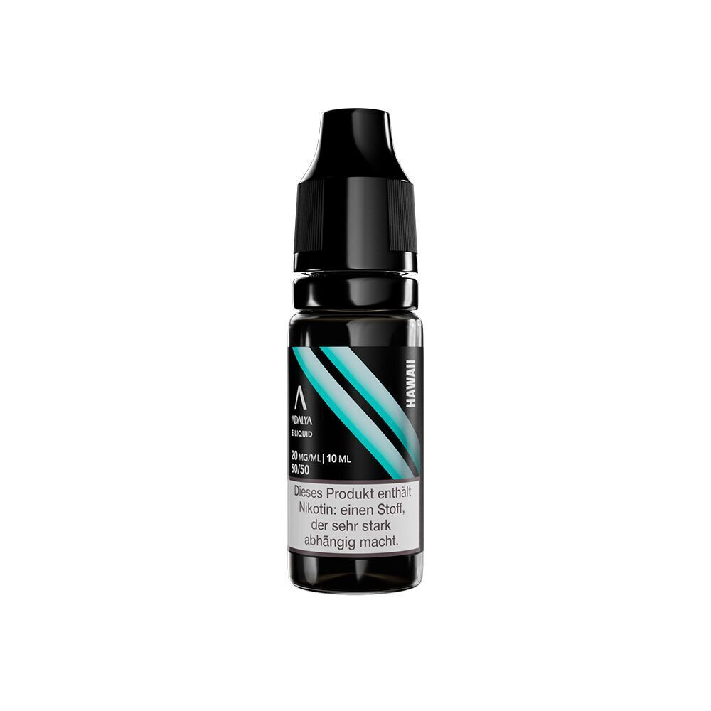 Liquid Hawaii 20mg - Adalya Nikotinsalz Flasche Adalya Nikotinsalz Hawaii 20mg, schwarzes Design mit türkisfarbenem Akzent und Warnhinweis zum Nikotingehalt.