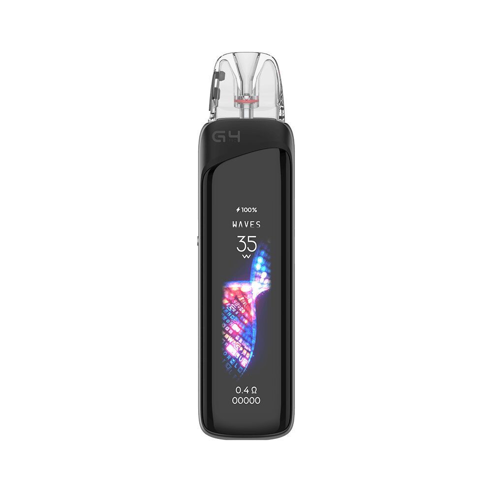 Uwell Caliburn G4 Pro Pod Kit - Stripe Black Uwell Caliburn G4 Pro Pod Kit in Schwarz mit farbigem LED-Display, zeigt 100% Akku, 35 W Leistung und 0,4 Ω Widerstand an