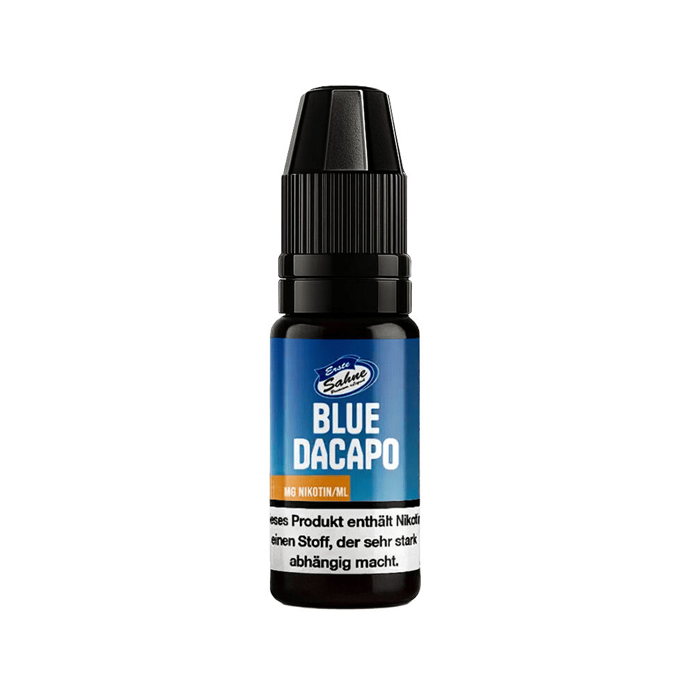 Erste Sahne Liquid - Blue Dacapo Erste Sahne Liquid Blue Dacapo Flasche, blauer Aufdruck mit Logos, schwarzer Deckel, enthält Nikotin, Warnhinweis darunter sichtbar