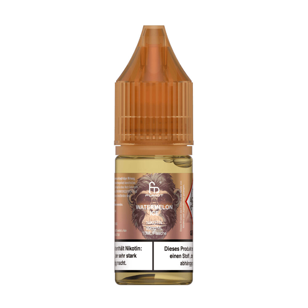 RandM Tornado Nikotinsalz Liquid RandM Tornado Nikotinsalz Liquid Flasche mit braunem Verschluss, Etikett mit Löwenmotiv und Text „Watermelon Ice 20mg“, Warnhinweise sichtbar.