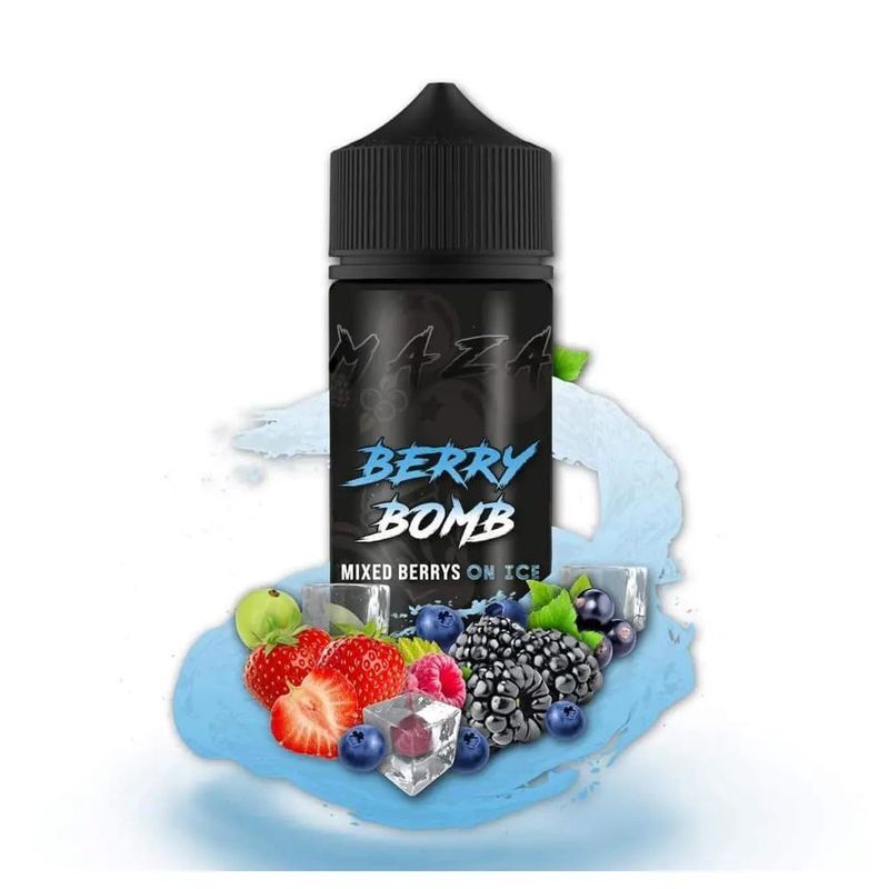 Aroma Berry Bomb von MaZa Flasche MaZa Aroma Berry Bomb, umgeben von Eiswürfeln, Erdbeeren, Brombeeren, Blaubeeren und grünen Äpfeln auf blauem Hintergrund