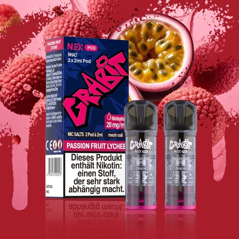Grabit Nex Pods (2 Stück) Grabit Nex Pods Passion Fruit Lychee 20mg Verpackung mit zwei Pods, Lychee- und Passionsfrucht-Abbildung im Hintergrund, Warnhinweis auf Nikotin.