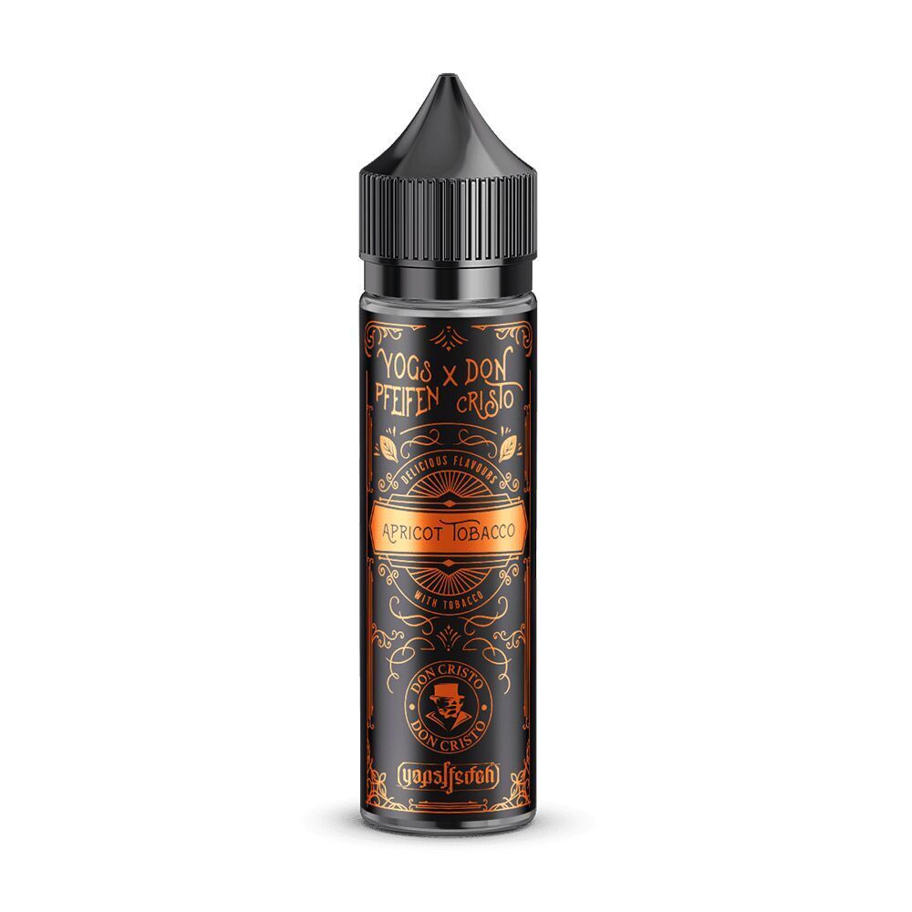 Aroma Yogs Pfeifen x Don Cristo Apricot Tobacco von PG/VG Labs Don Cristo Aroma Apricot Tobacco E-Liquid-Flasche mit schwarzem Verschluss, verziert in Braun- und Golddesign auf dunklem Hintergrund.