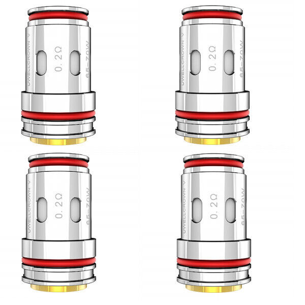 Vier Uwell Crown 5 Coils 0,2 Meshed, silberfarben mit roten Dichtungsringen und goldfarbenen Kontaktflächen, in quadratischer Anordnung.