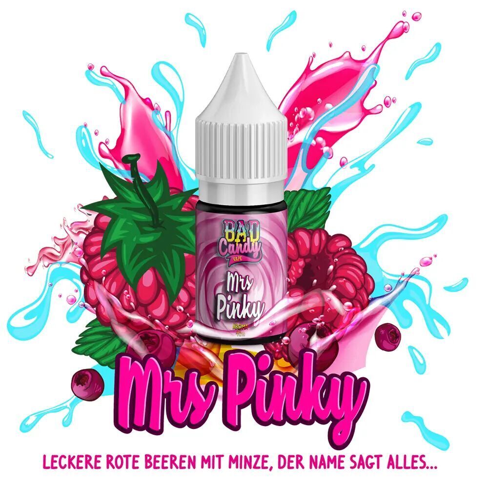 BDC629 Flasche mit Bad Candy Aroma Mrs Pinky, umgeben von pinken Beeren und blauen Spritzern, mit dem Schriftzug "Mrs Pinky".