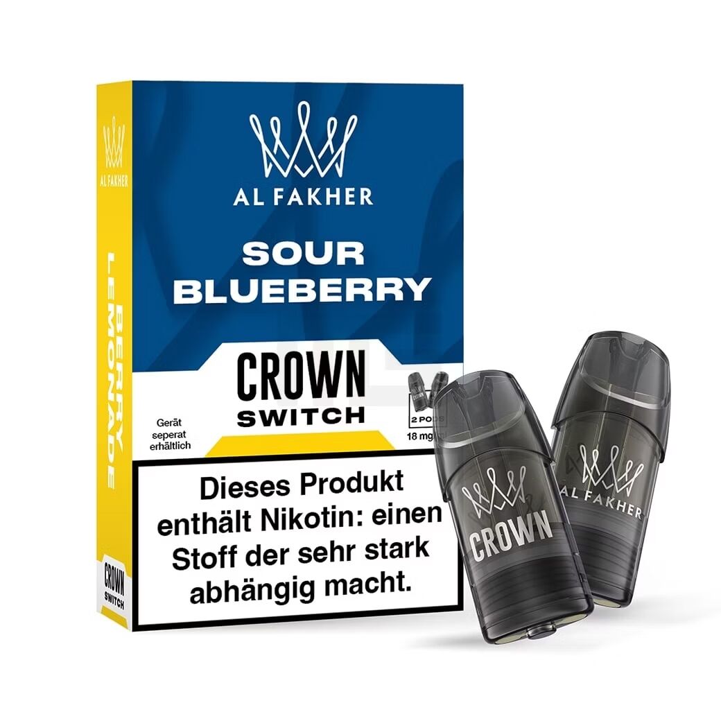 Al Fakher Crown Switch Pods - 18mg Nikotinsalz Al Fakher Crown Switch Pods Sour Blueberry Verpackung mit 18mg Nikotinsalz, zwei graue Pods und Warnhinweis über Nikotinabhängigkeit.