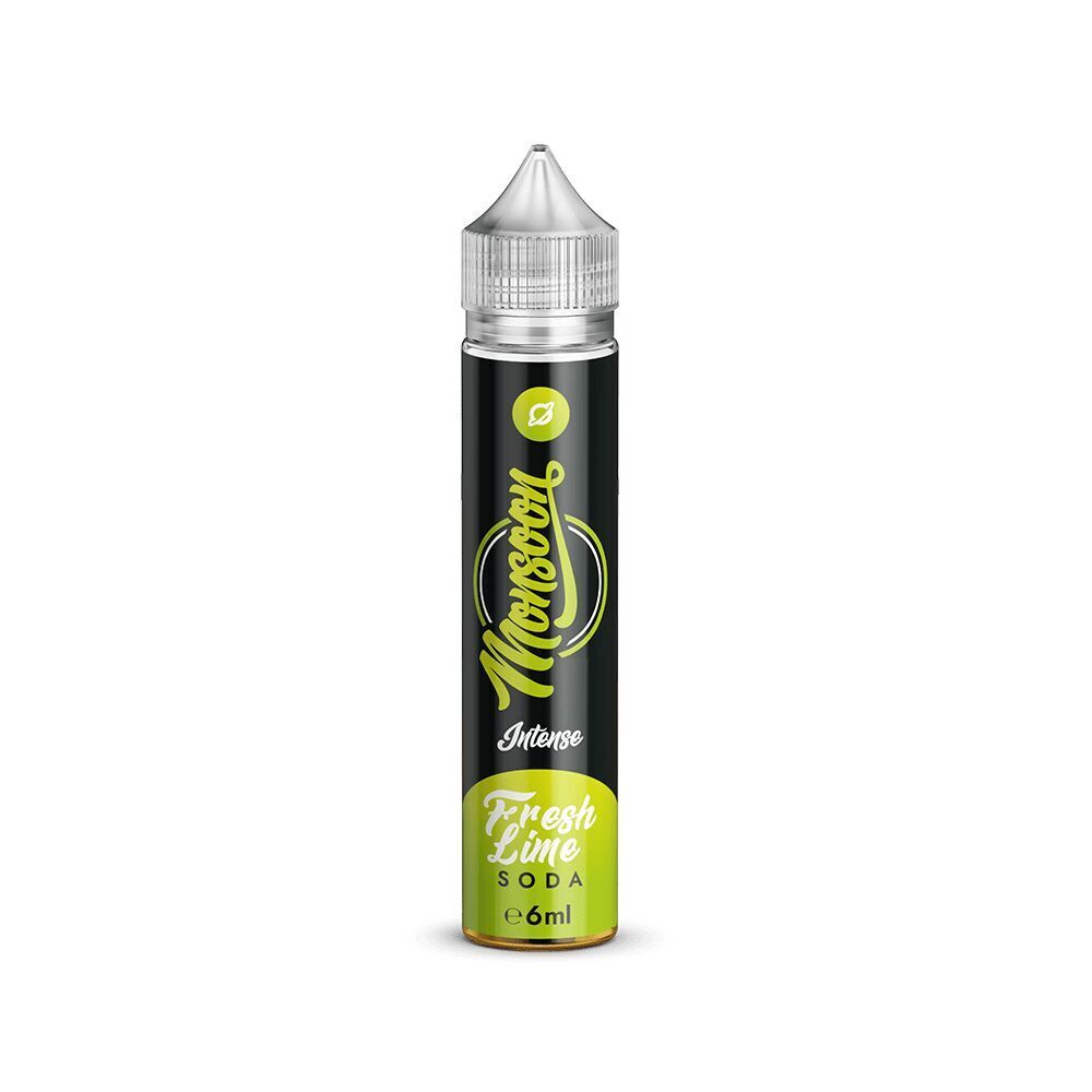 Monsoon Aroma Flasche mit Fresh Lime Soda Beschriftung, 6 ml, schwarze und grüne Gestaltung, klarer Verschluss.