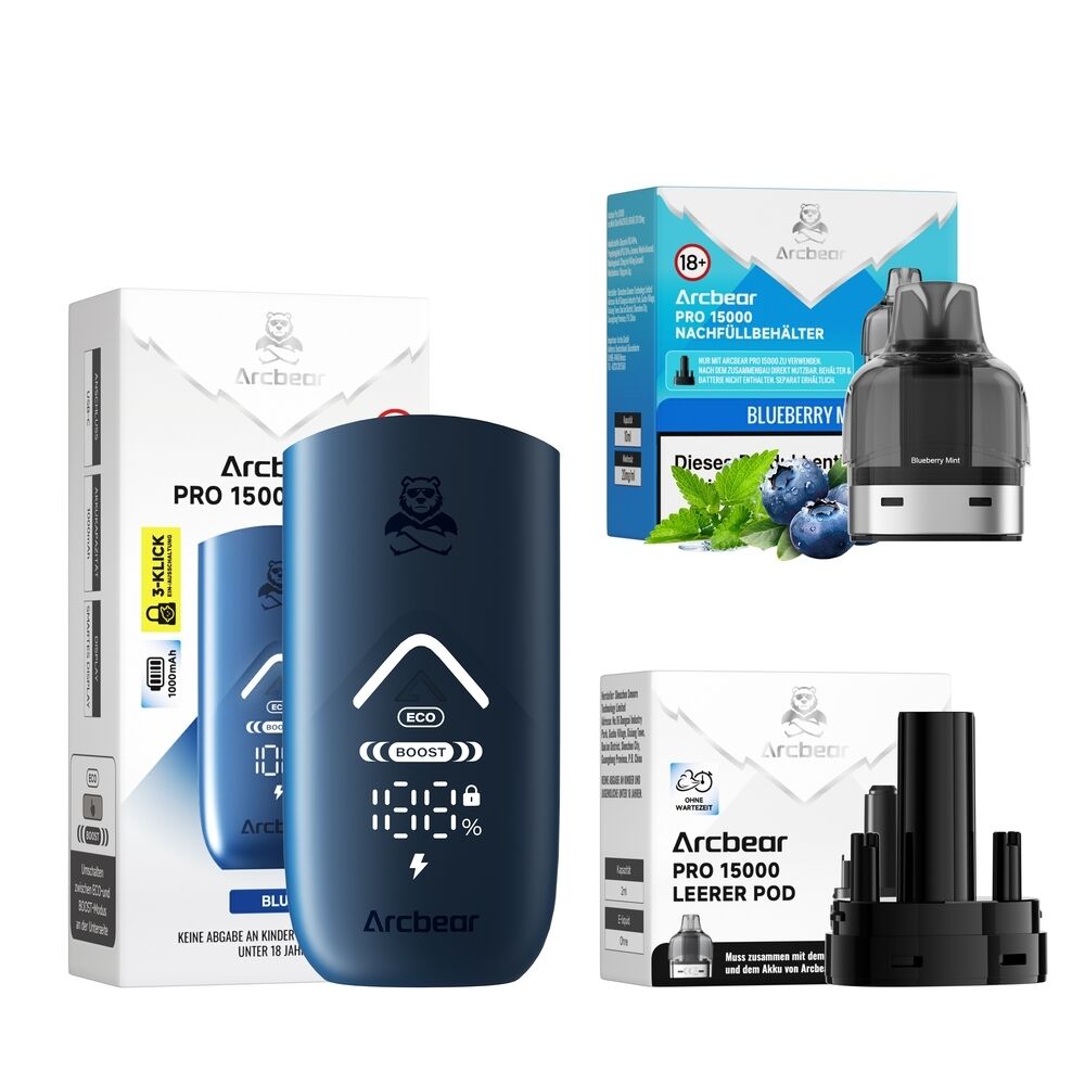 Arcbear Pro 15000 Set mit blauem E-Zigaretten-Akku, Nachfüllbehälter Blueberry Mint, leeren Pods und dazugehörigen Verpackungen.