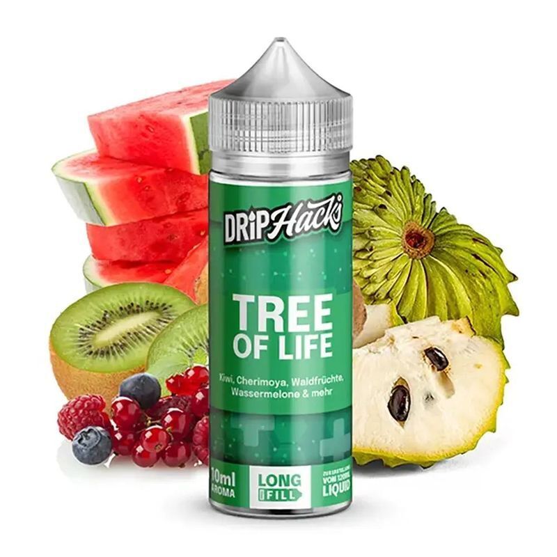 Aroma Tree of Life von Drip Hacks Drip Hacks Aroma Tree of Life Flasche vor aufgeschnittenen Kiwis, Wassermelone, Cherimoya und Waldfrüchten