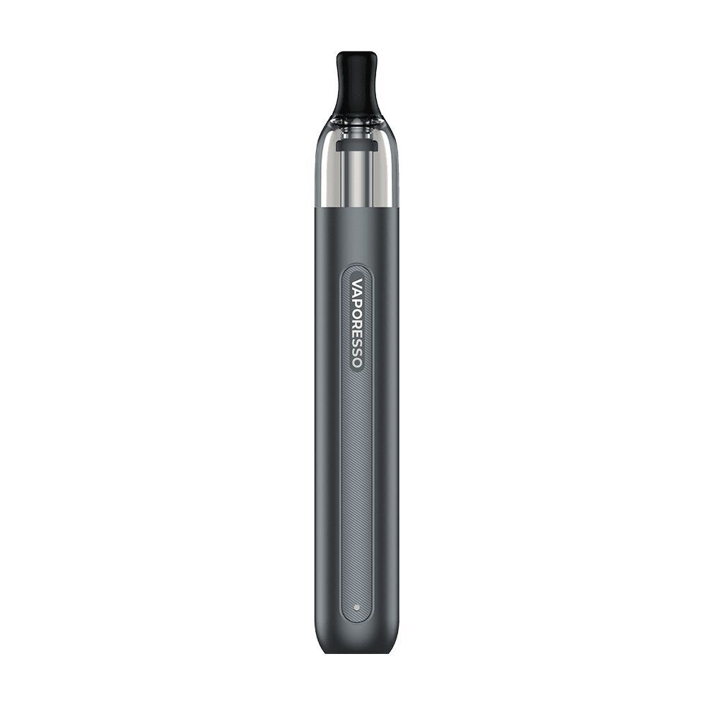 Vaporesso Eco One Pod Kit Stellar Silver Vaporesso Eco One Pod Kit in Stellar Silver, zylindrische Form, schwarzes Mundstück, glänzende Oberfläche, vertikales Branding.