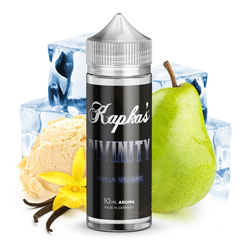 Aroma Divinity von Kapkas Kapkas Aroma Divinity Flasche vor Eiswürfeln, einer grünen Birne, Vanilleschoten und einer Vanilleblüte, 10 ml Aroma aus Deutschland.