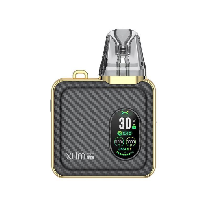 Oxva Xlim SQ Pro Pod Kit in der Farbe Gold Carbon Oxva Xlim SQ Pro Pod Kit mit goldcarbonfarbenem Gehäuse, digitalem Display bei 30W, ovalem Knopf, sichtbarem Mundstück und Logo