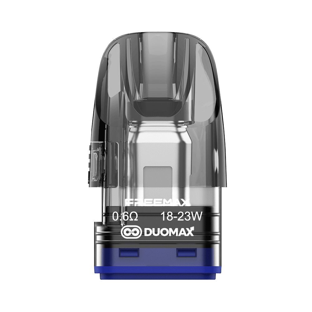 Freemax Rexa P Duomax Pods mit Coil - 0,6 Ohm Freemax Rexa P Duomax Pod mit 0,6-Ohm-Coil, transparentem Gehäuse, sichtbarem Text „18-23W“ und blauem Sockel.
