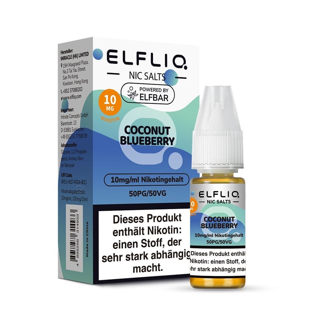 Elfliq Nikotinsalz - Coconut Blueberry Elfliq Nikotinsalz Coconut Blueberry, Flasche mit 10 mg Nikotingehalt, neben Verpackung mit Warnhinweis.