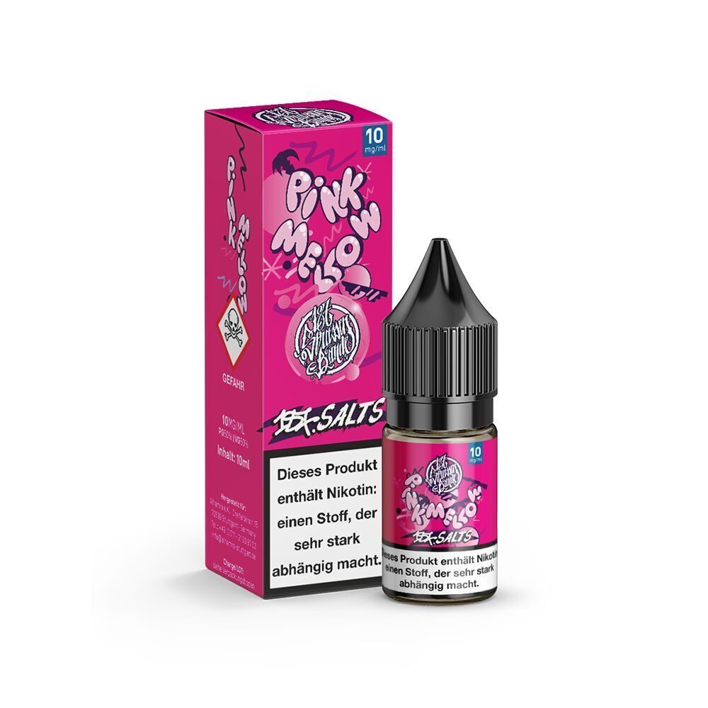 187 Strassenbande Liquid - Pink Mellow 10mg 187 Strassenbande Liquid Pink Mellow 10mg Flasche mit schwarz-pinkem Design neben passender Verpackung, Nikotinhinweis sichtbar