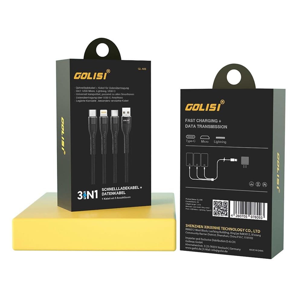 Golisi GL-A06 USB Kabel Golisi GL-A06 USB Kabel Verpackung zeigt drei Kabel mit USB, Micro und Lightning Anschlüssen, Kennzeichnungsgrafiken und Firmeninformationen.