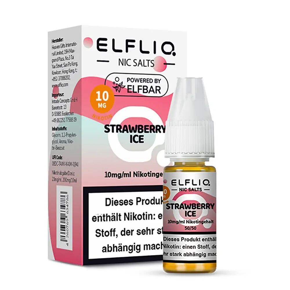 Elfliq Nikotinsalz - Strawberry Ice 10mg Elfliq Nikotinsalz Strawberry Ice 10mg Flasche mit Verpackung, Branding und Warnhinweis, 10mg/ml Nikotingehalt sichtbar.