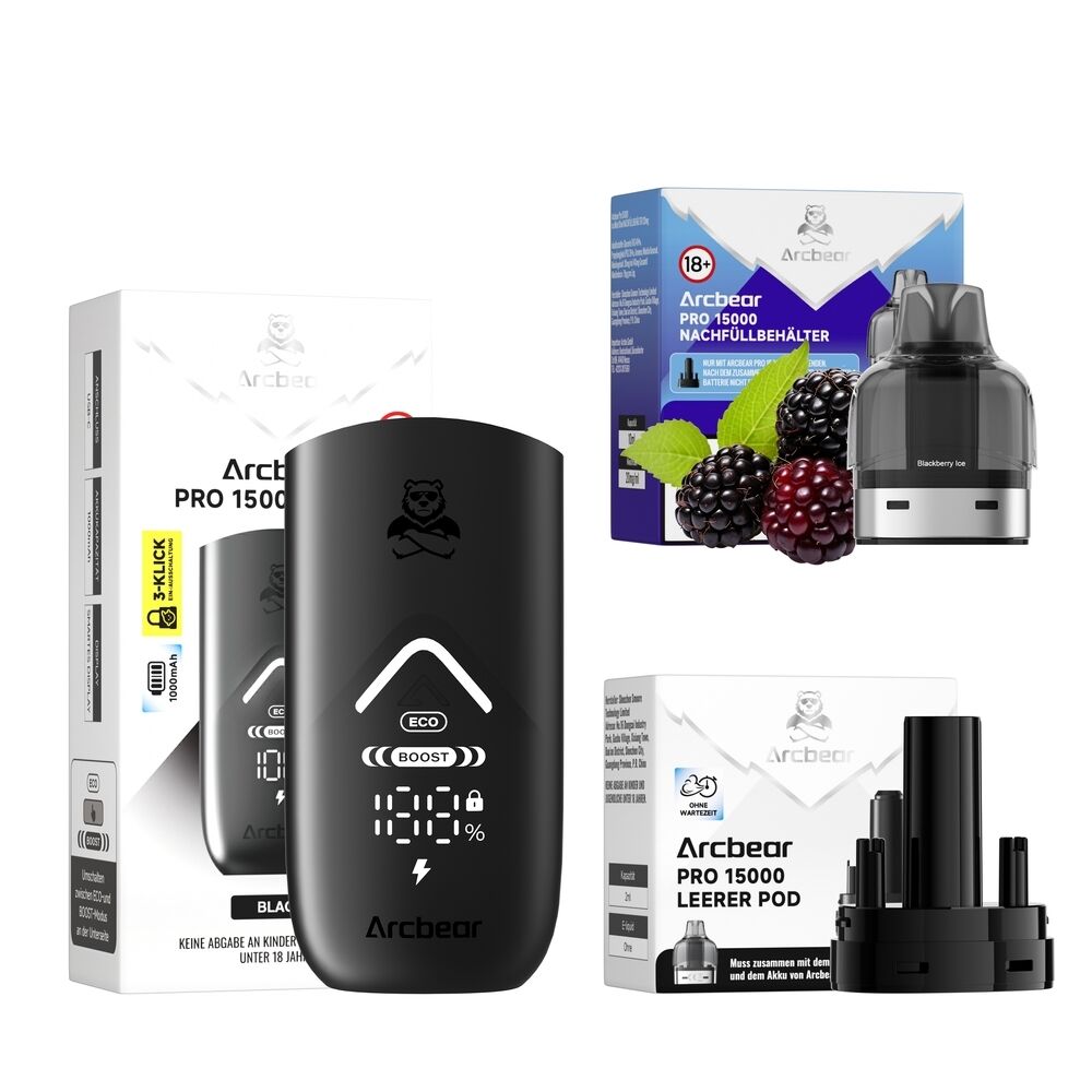 Arcbear Pro 15000 Set - Black Ice 20mg Arcbear Pro 15000 Set mit schwarzem Vape-Gerät, Nachfüllbehälter, Leerer Pod, Brombeeren im Hintergrund, Aufdruck 20 mg und 18+ Warnung