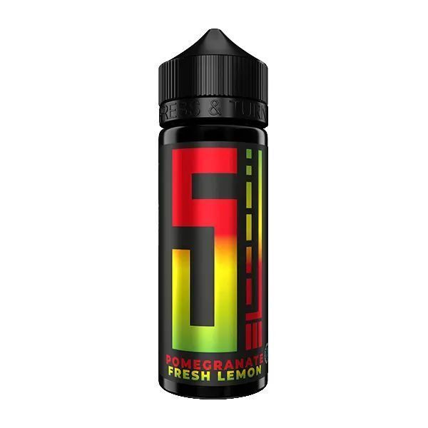 Aroma Pomegranate Fresh Lemon von 5 Elements Schwarze Flasche mit buntem "5" Logo und Text "Pomegranate Fresh Lemon" auf dem Etikett.