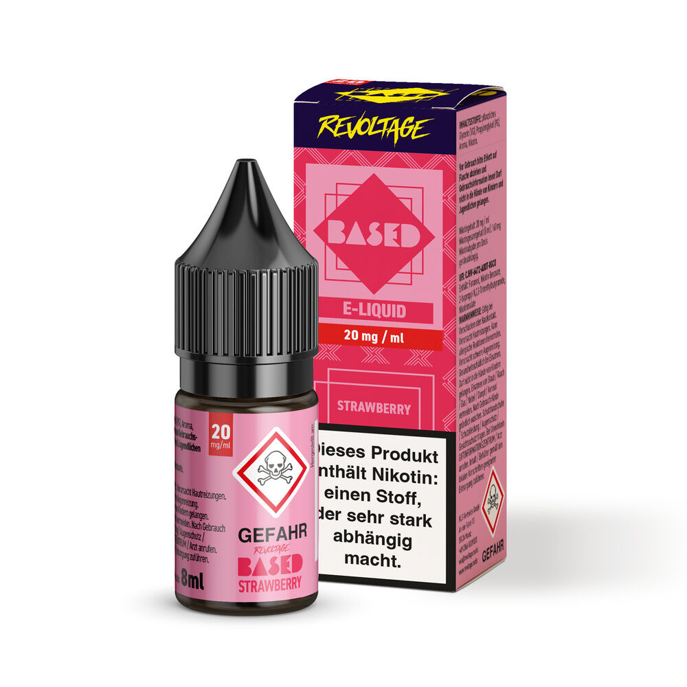 E-Liquid-Flasche mit 20 mg/ml Nikotin und Erdbeergeschmack vor der passenden Verpackung mit Warnhinweis und Marke Revoltage Based