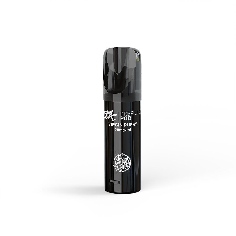 Virgin Pussy 20mg - 187 Strassenbande Pods 187 Strassenbande Pod mit Branding-Aufdruck; schwarze Hülle, Aufschrift „Virgin Pussy 20mg/ml“ sichtbar, vor weißem Hintergrund.