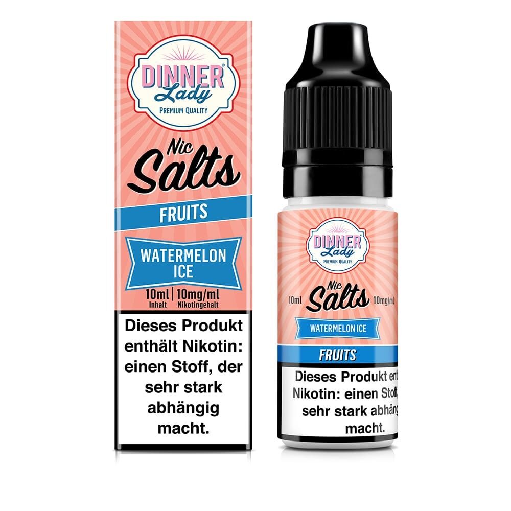 Liquid Watermelon Ice mit 10mg Nikotin von Dinner Lady E-Liquid Flasche und Verpackung von Dinner Lady Nic Salts, Watermelon Ice, 10ml, 10mg Nikotin, Warnhinweis auf Abhängigkeit.
